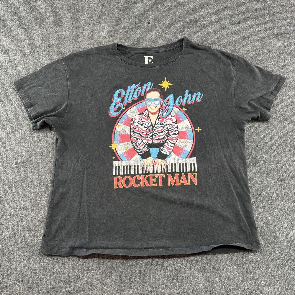 Elton John Rocket Man Shirt Mens XL Black Rhinestone Band Graphic Tour Tee